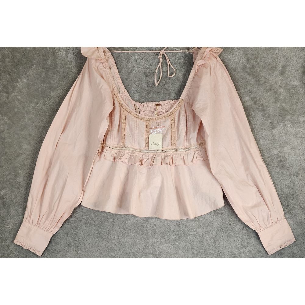 Free People Shirt Womens Small Blush Pink Lace Trim Peplum Blouse Open Back Tie